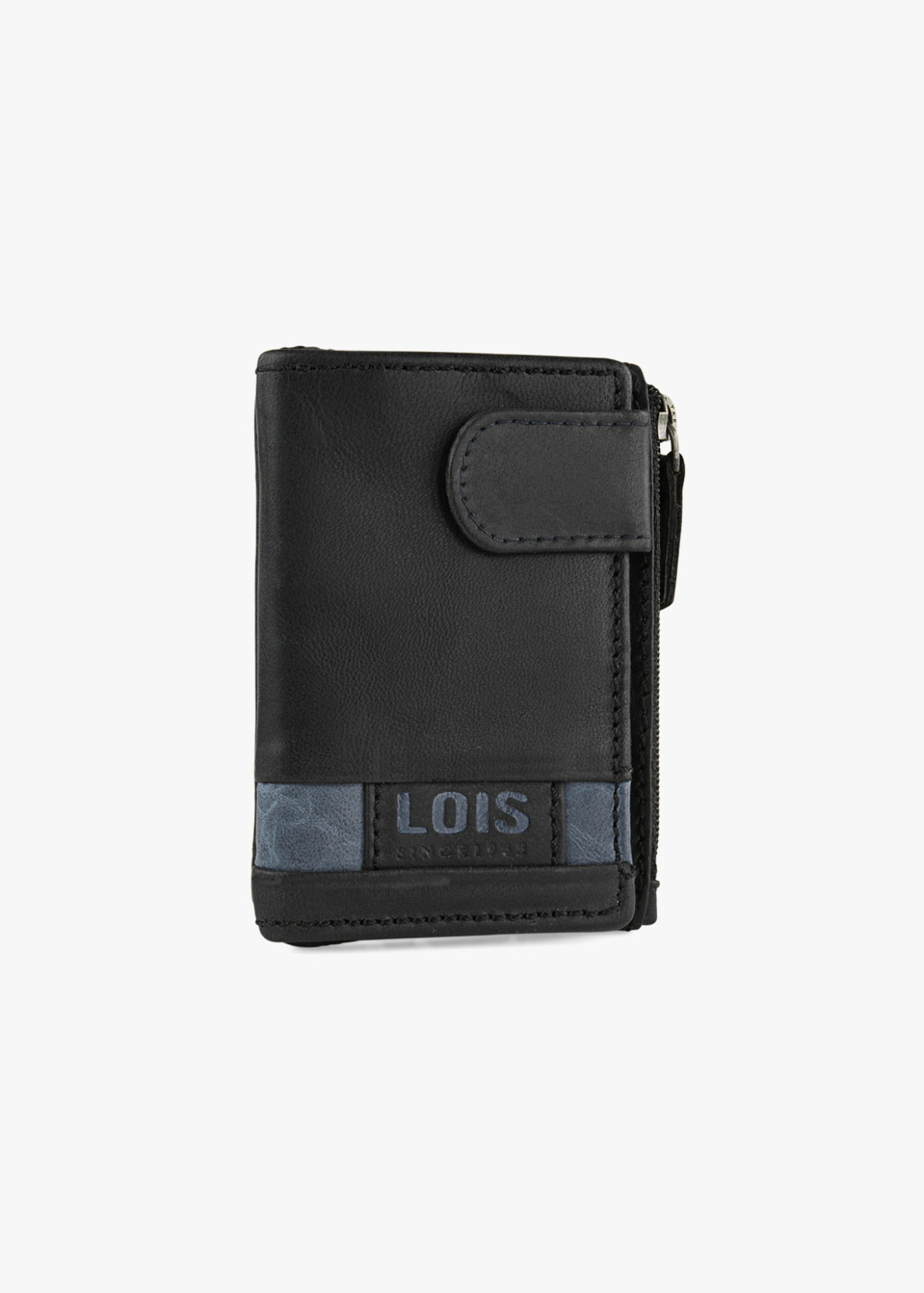 Cartera billetera con cierre botón y llavero piel negra